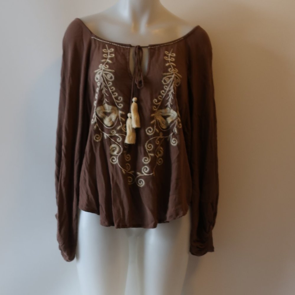 NWT TINA DEMEL BROWN EMBROIDERED BLOUSE TOP SZ S *